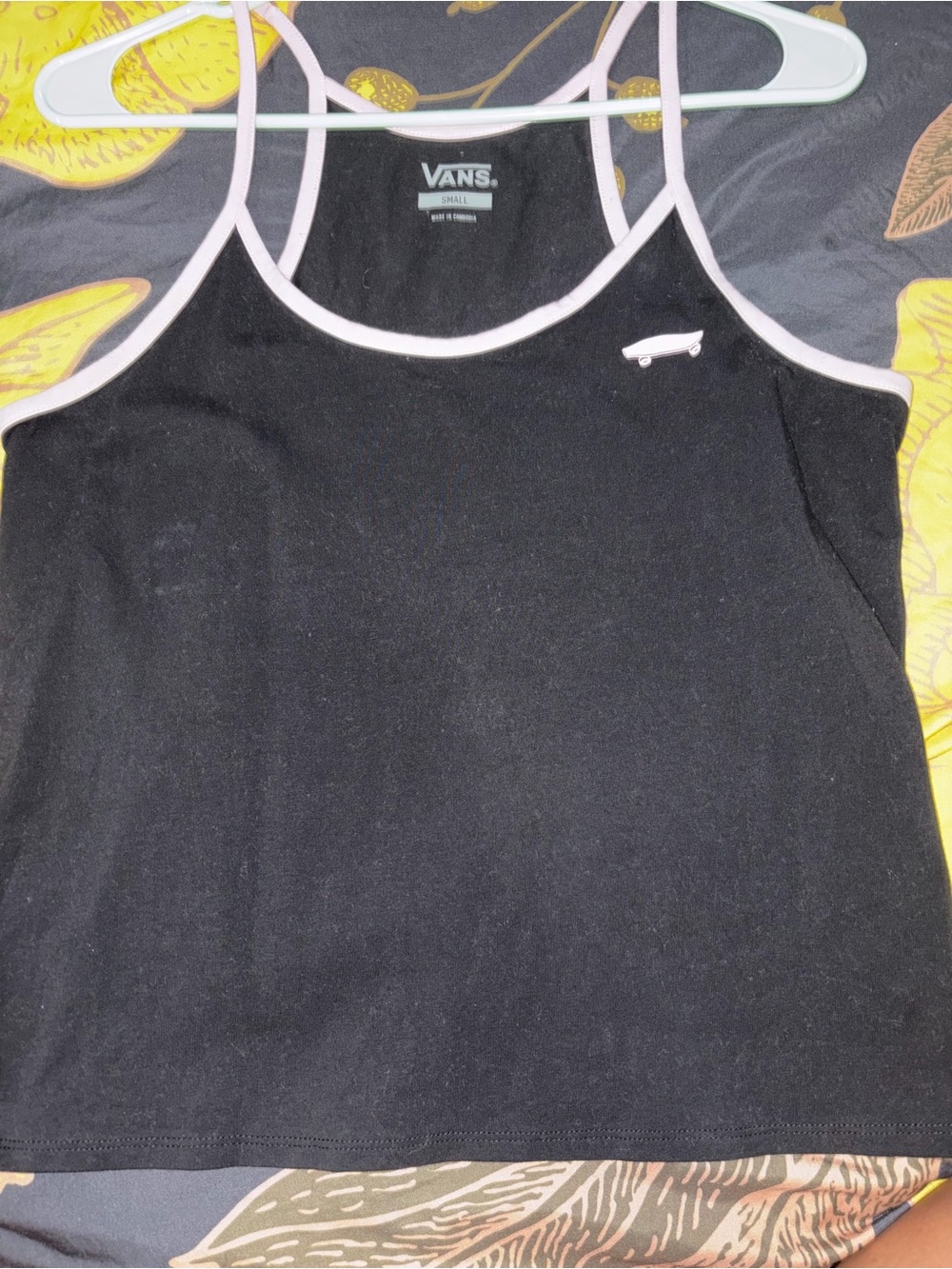 Vans Black Tank Top with Pink Trim and Skateboard Logo